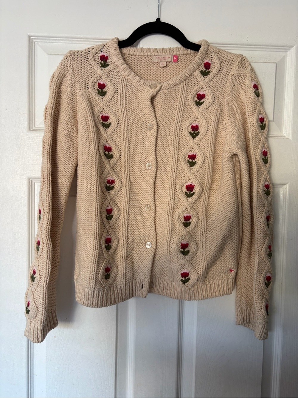 PINK CHICKEN Cream Floral Cable-Knit Cardigan Sweater